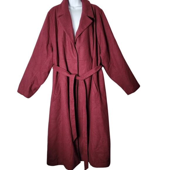 Torrid Plus Size 4 Burgundy Longline Belted Trench Coat Wool Blend Jacket Career - Picture 1 of 6
